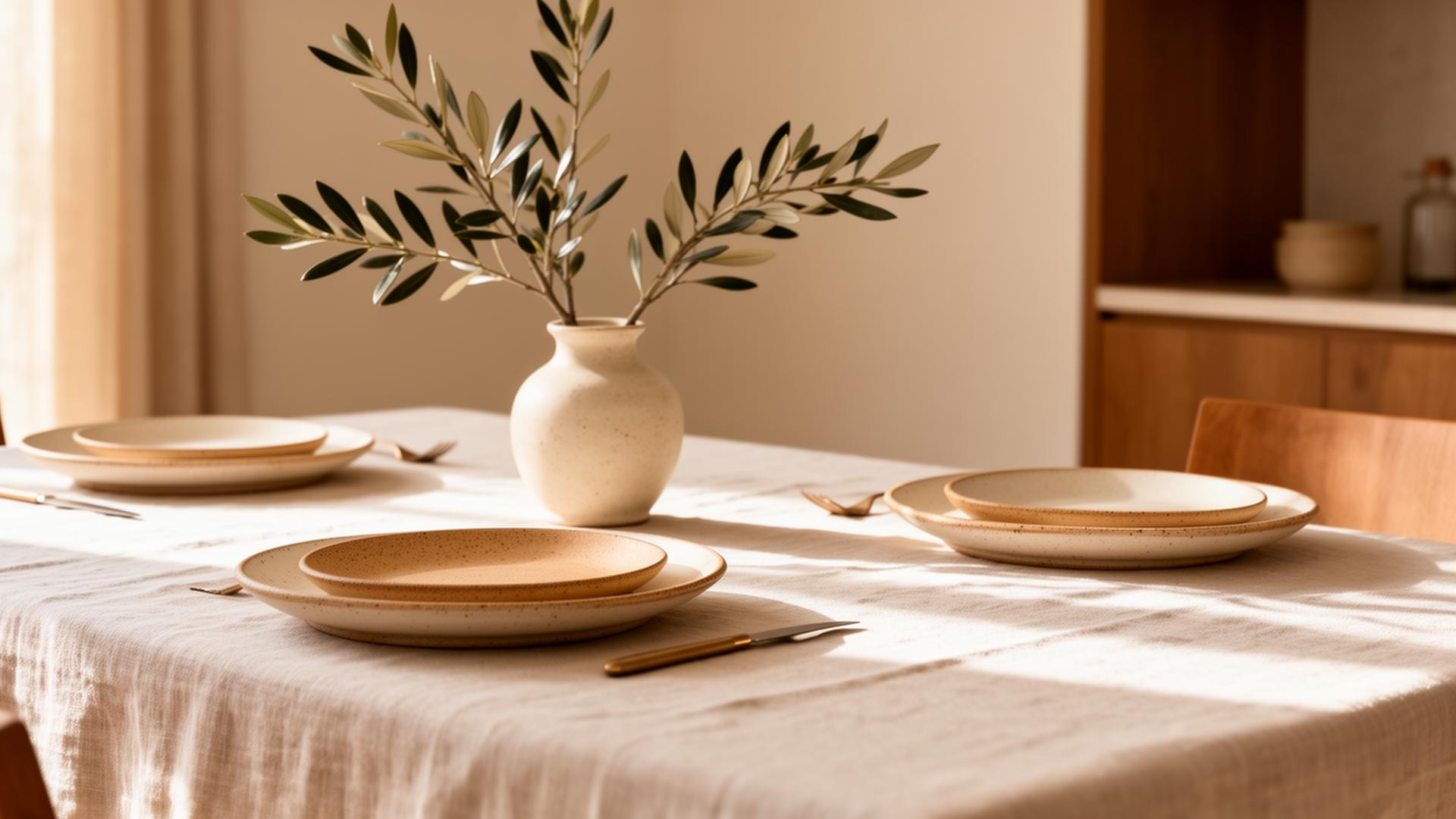 Mesa posta elegante com louças artesanais e galhos de oliveira